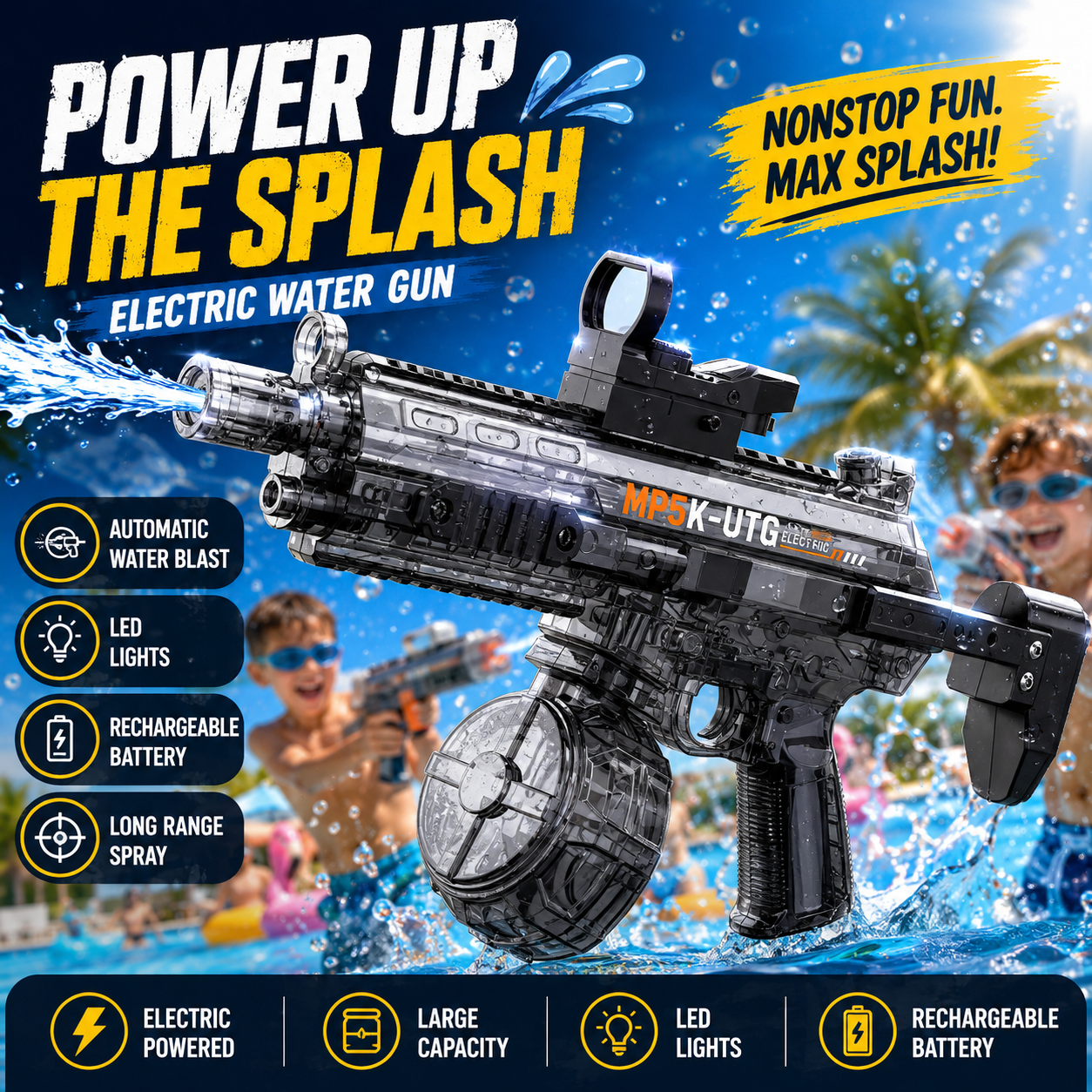 AquaZappy MP5 RapidBlast Electric Water Blaster with LED Lights