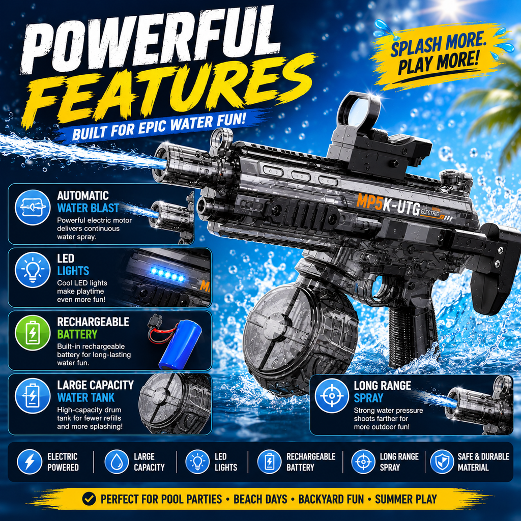 AquaZappy MP5 RapidBlast Electric Water Blaster with LED Lights