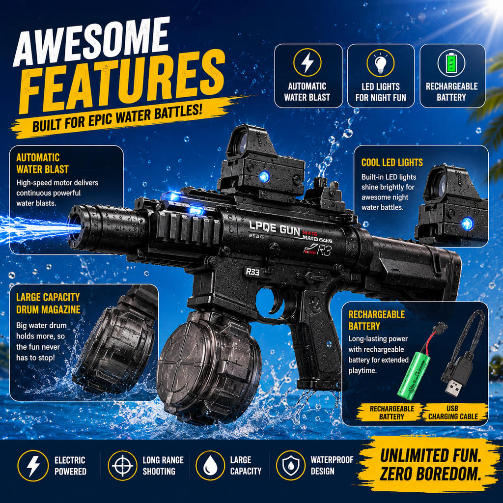 M416 Electric Water Gun Toy with LED Lights & Rechargeable Battery