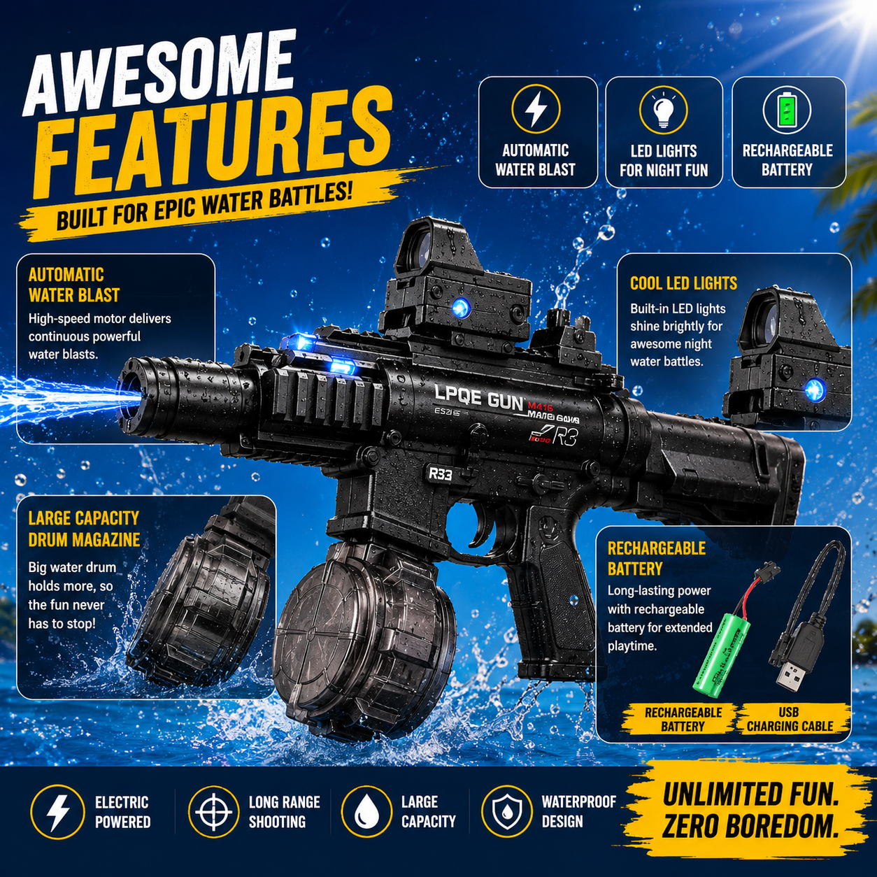 M416 Electric Water Gun Toy with LED Lights & Rechargeable Battery