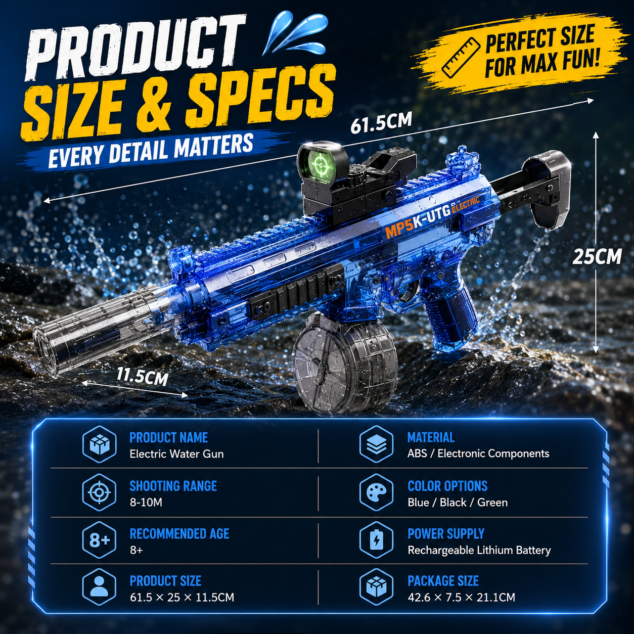 AquaZappy MP5 RapidBlast Electric Water Blaster with LED Lights